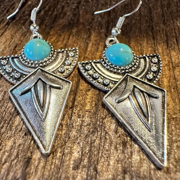 Boho Hippie Vintage Arrow Dangle Wire Earrings, Turquoise Stone, Gift Box - Picture 9 of 12